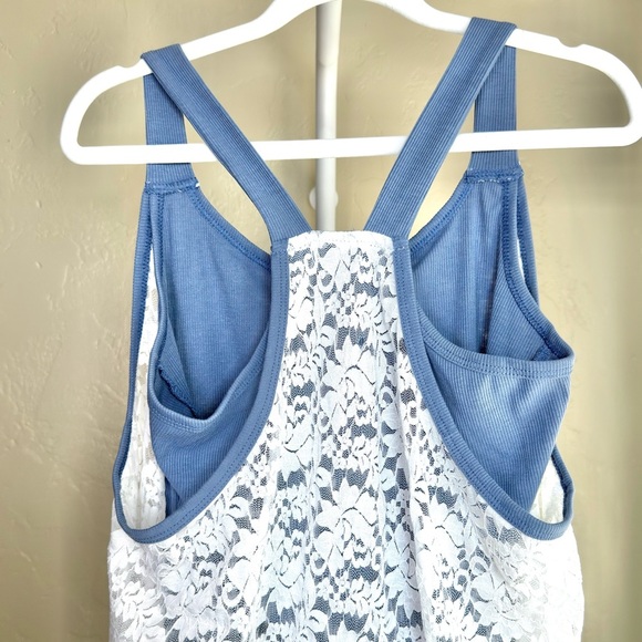 White Lace Overlay Dress with Built-In Contrasting Blue Romper Size Medium - Picture 4 of 9